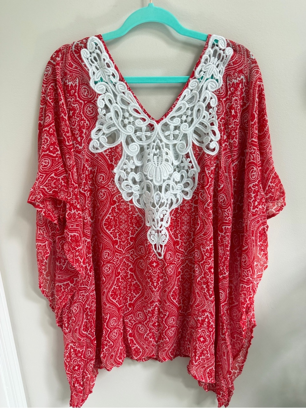 Club Monaco Red Paisley Swim Coverup with White Lace V-Neck S/M